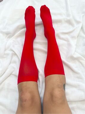 ✿ cherry red sheer knee high socks •